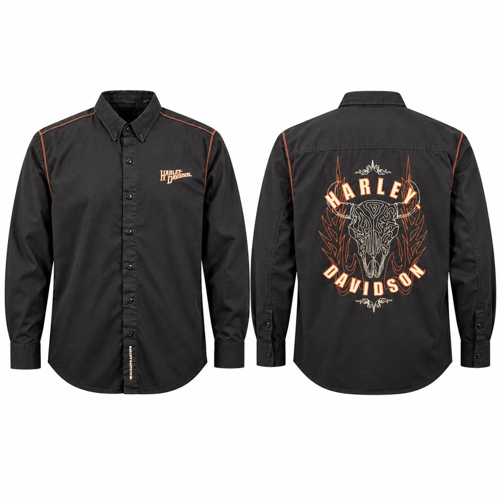 Harley Davidson Shirt Men 2XL Black Vintage 2006 Bull Skull Embroidered Button